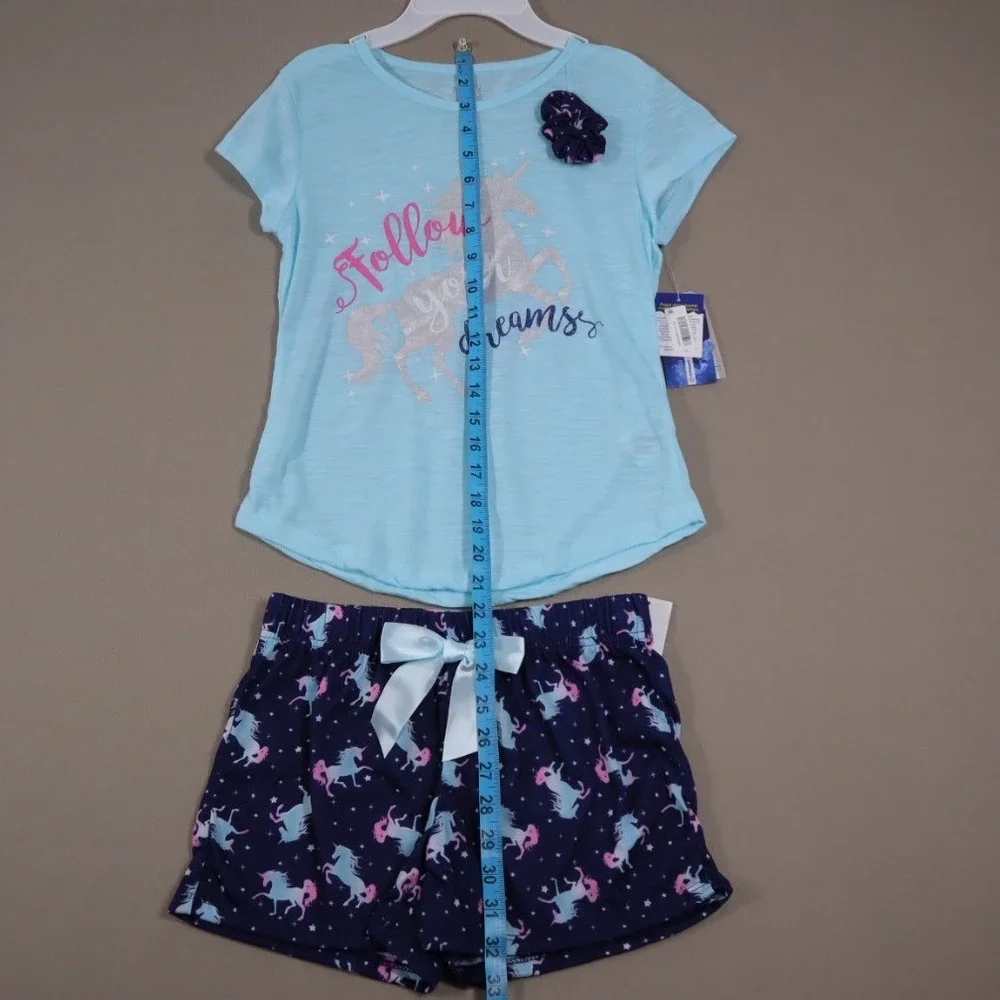 Max & Olivia Girls T-shirt and Shorts with Scrunchie 3 Pc Pajama‎ Set - Size L